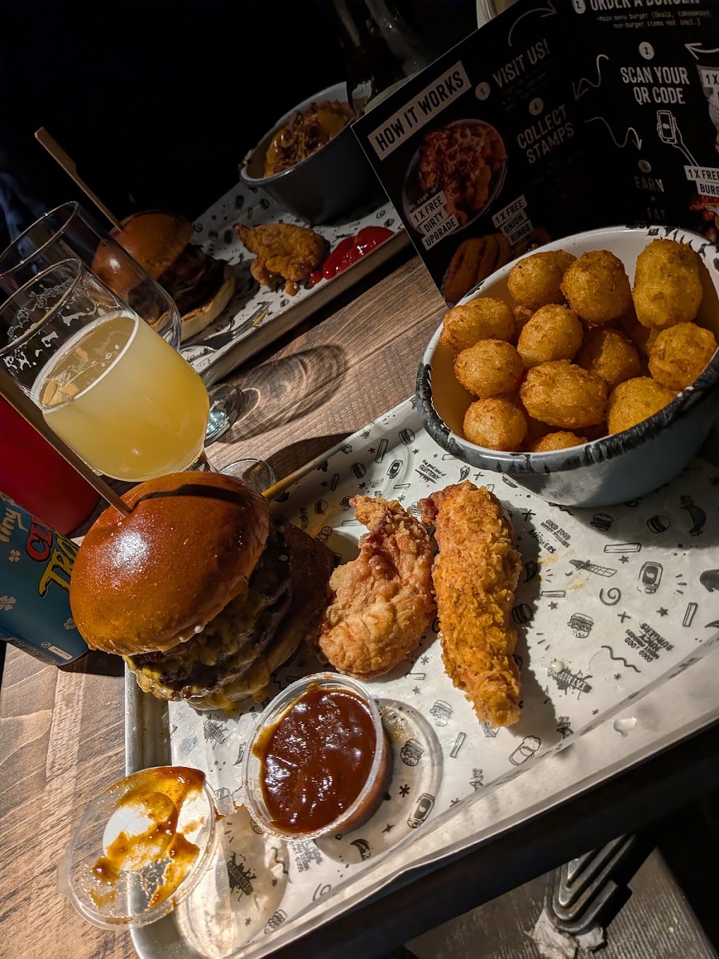 burger, chicken tenders and fried bites